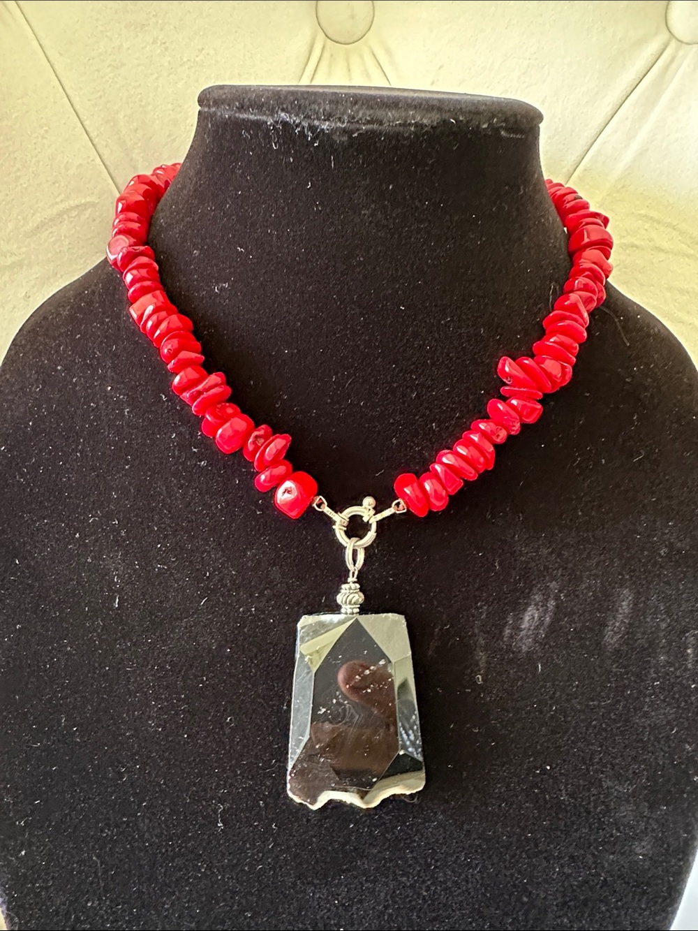 Handcrafted Red Bead Necklace with Black Faceted Pendant - Women Jewelry